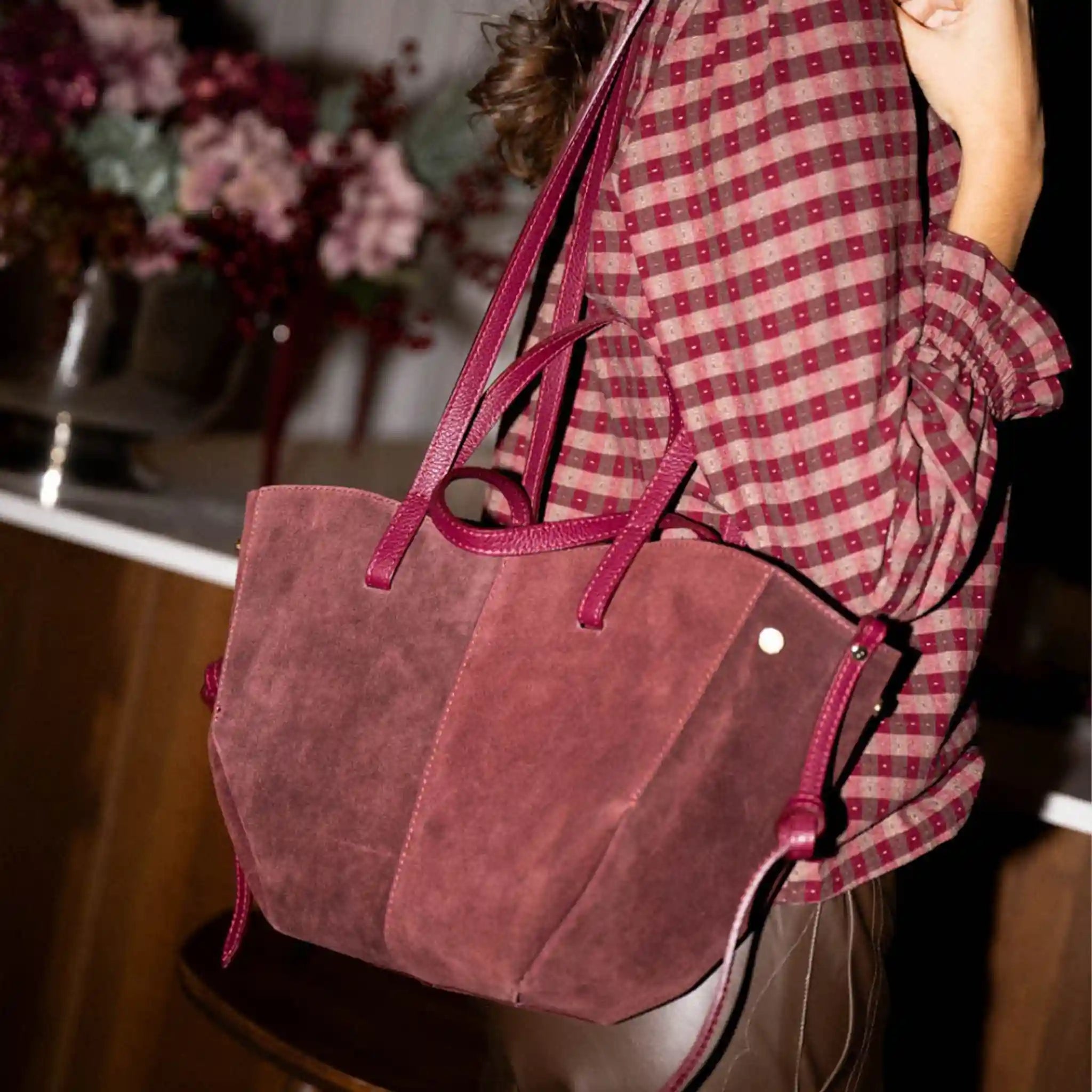SHOLONG - Borsa Tote in Pelle Suede - BORDEAUX - MIDMAIND™ | BRAND